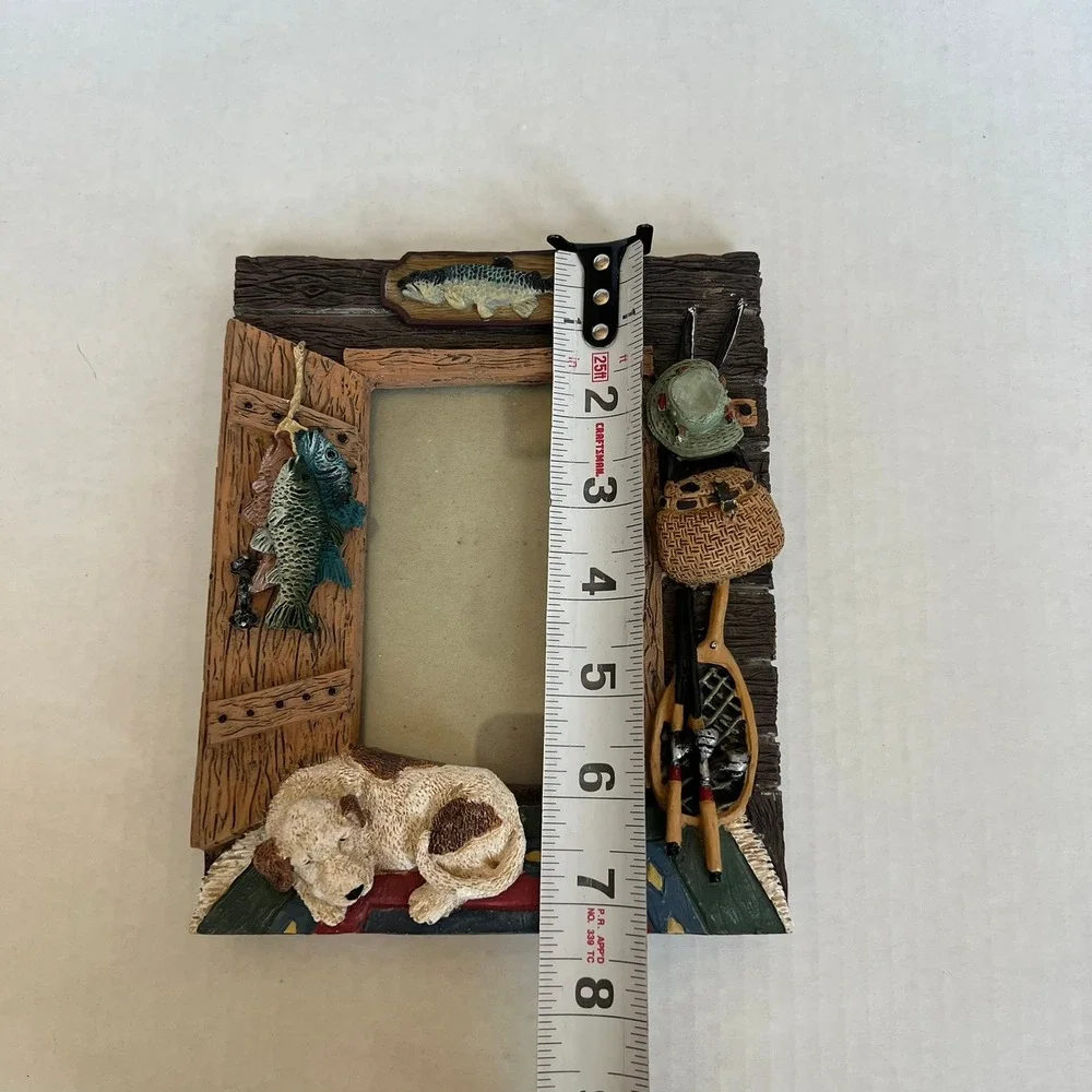Vtg Rustic Fishing Cabin Resin Picture Frame Sleeping Dog Rods Net Lodge Decor